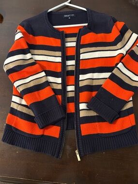 Jones New York Navy, Orange & Cream Striped Zip Cardigan